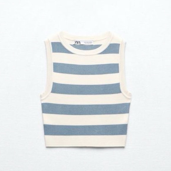 Zara Blue and White Striped Crop Tank Top - Picture 3 of 4